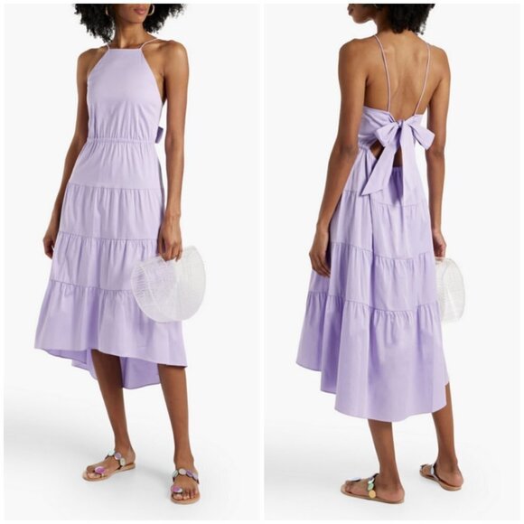 💕ALICE + OLIVIA Hartley Open Tie Back Tiered Cotton Midi Dress Lavender 10 NWT - Picture 1 of 16